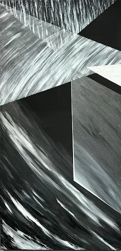 Abstract black, white, and gray geometric shapes and brushstrokes.