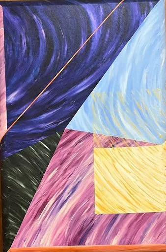 Abstract geometric art with sharp angles and vivid colors, including dark purple, light blue, pink, and yellow, with textured brushstrokes.