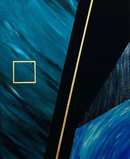 Abstract painting with blue and black brushstrokes, featuring two yellow diagonal lines and two yellow outlined squares.