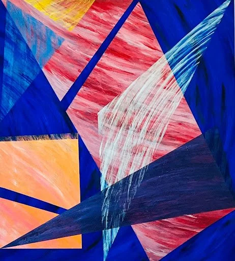 Abstract painting with geometric shapes in blue, red, and orange with white streaks.