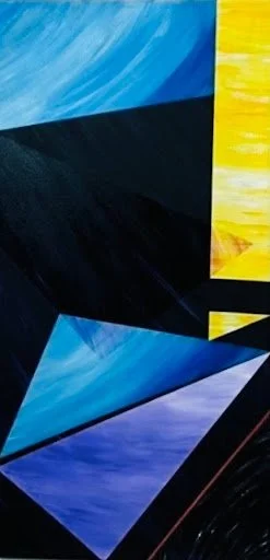 Abstract painting with geometric shapes in blue, black, yellow, and purple colors.