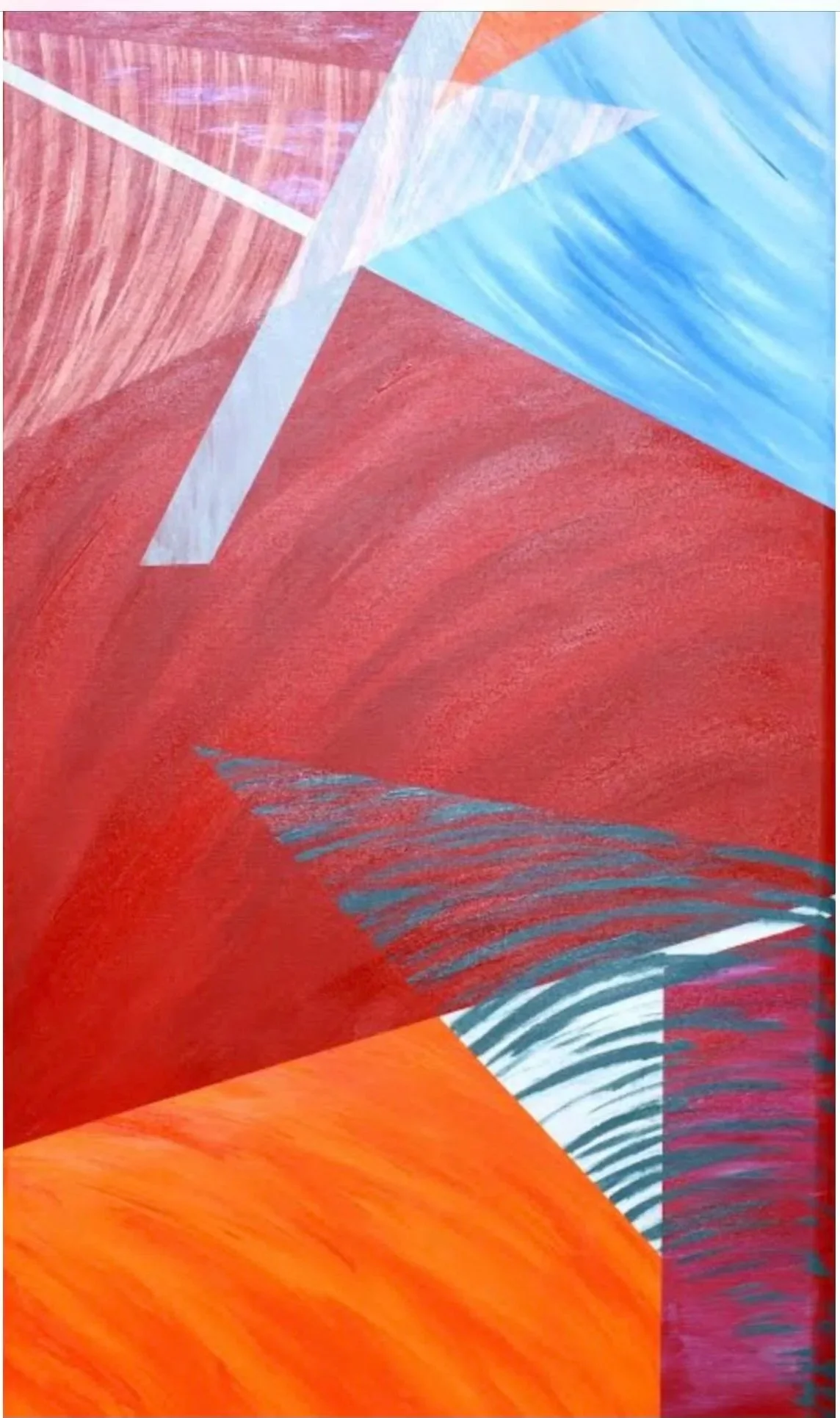 Abstract artwork with geometric shapes and vibrant colors including red, orange, blue, and pink, with textured patterns and lines.