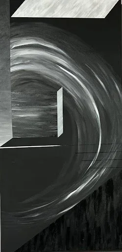 Abstract black and white wall mural with swirling circular patterns and geometric shapes.
