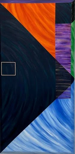 Abstract geometric mural with vibrant colors including orange, purple, green, and blue, featuring various shapes and patterns.