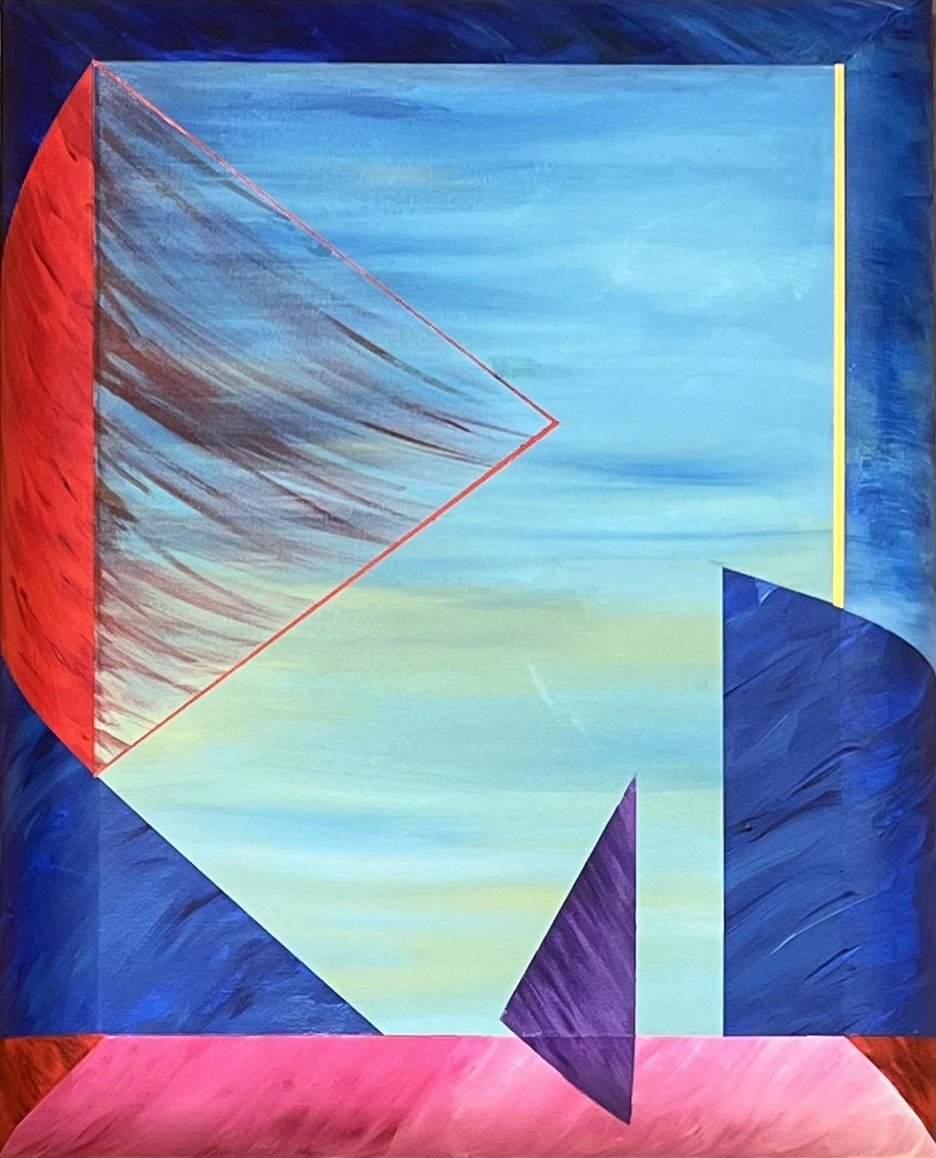Abstract geometric painting with colorful shapes including blue, red, purple, yellow, light green, and pink, arranged with various angles and shading.