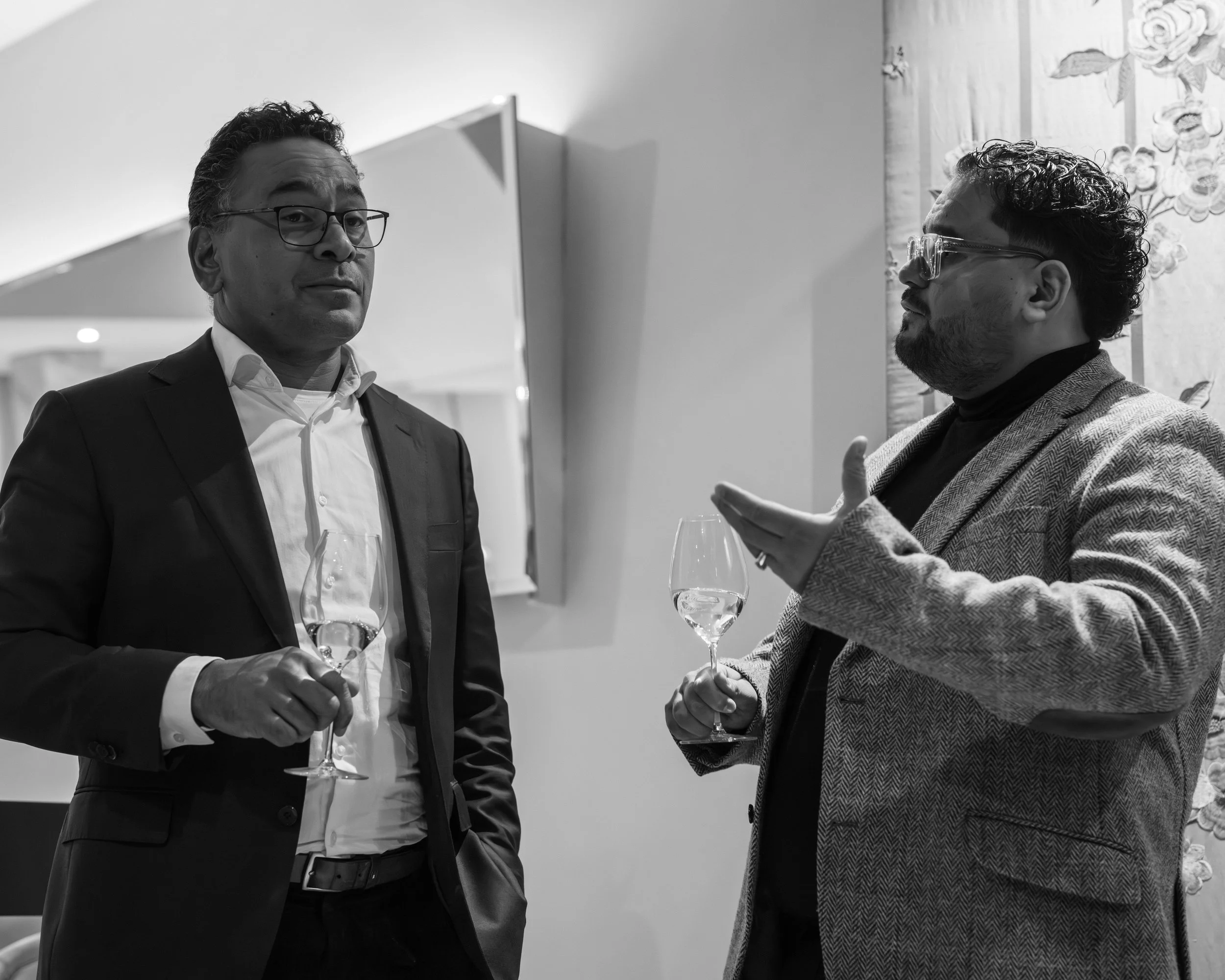 Alex from Riverside Restaurant talking with O'neal Jakaeomo at The Main Ingredients dinner event at Calla's Michelin Star Restaurant in The Hague Netherlands