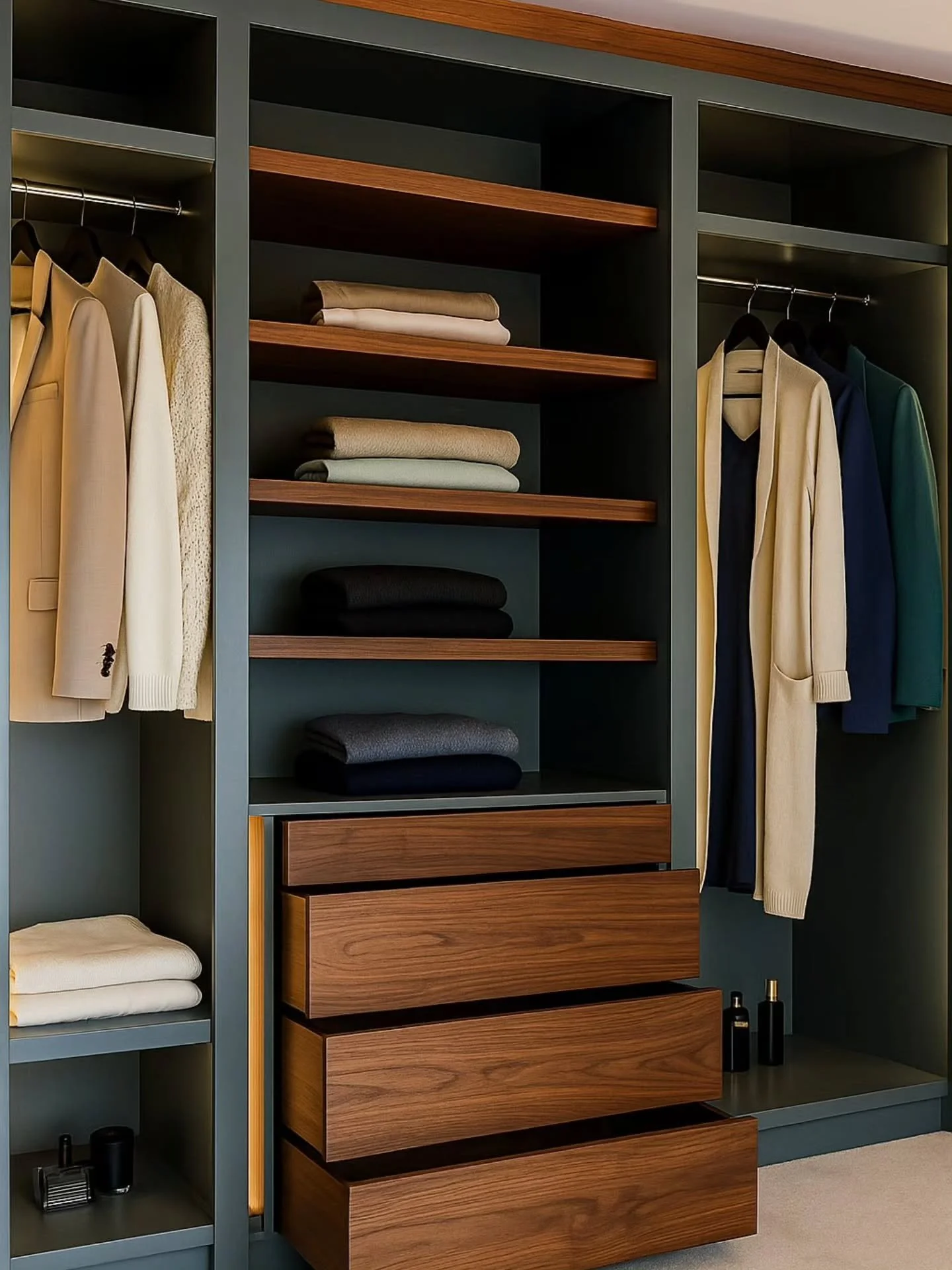 Custom-made open plan wardrobe for a client in #Radlett &ndash; featuring a bold colour combo that makes a real statement. Crafted using premium walnut veneer and @egger MFC, and fitted with quality components from @hafeleuk. Designed with drawers in