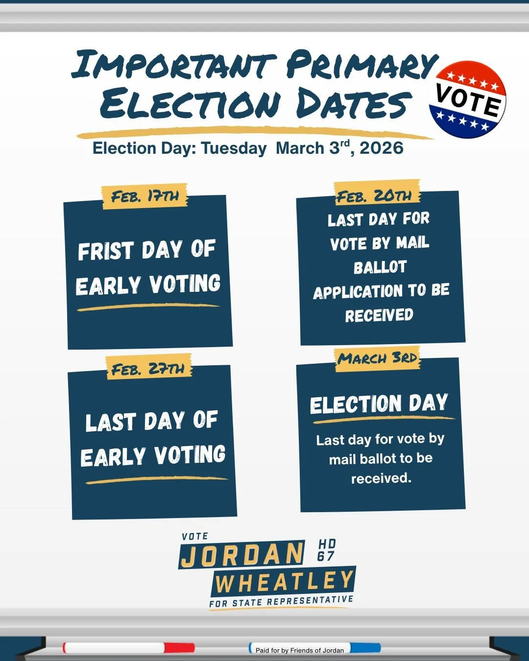 📢 Early voting starts next Tuesday, February 17th! 

Skip the long lines on Election Day and vote early! 

🗓️ Here&rsquo;s what you need to know:

&bull; Feb 17: First Day of Early Voting (Let's get it done!)

&bull; Feb 20: Last day for your mail-