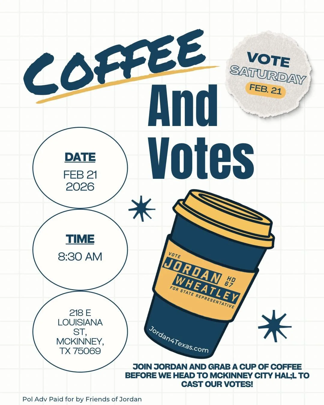 Looking to cast your ballot but haven't made it to the polls yet? Join Jordan this Saturday morning for a pre-vote meetup!

We&rsquo;re gathering at one of Jordan&rsquo;s favorite local coffee spots in the heart of downtown to gear up for the day. It