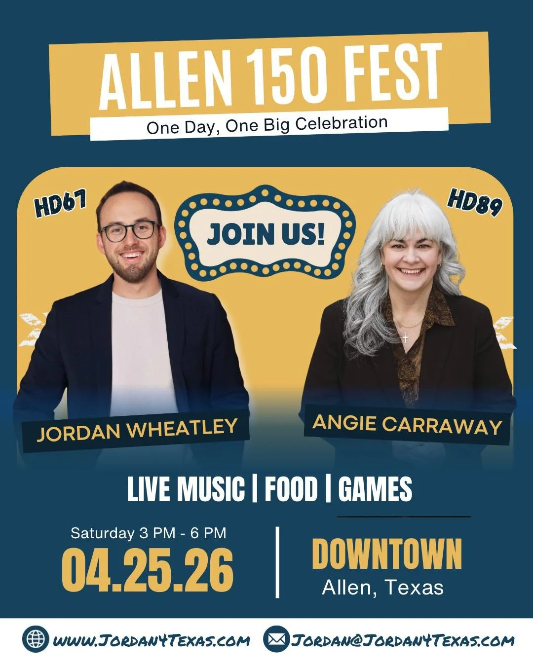 Do you like festivals? 

Do you want to help two Public School Teachers get elected to the TX State House? 

Join Team Jordan and Team Carraway this weekend at Allen 150 Fest as we celebrate the history of the city of Allen! 

We are looking for volu