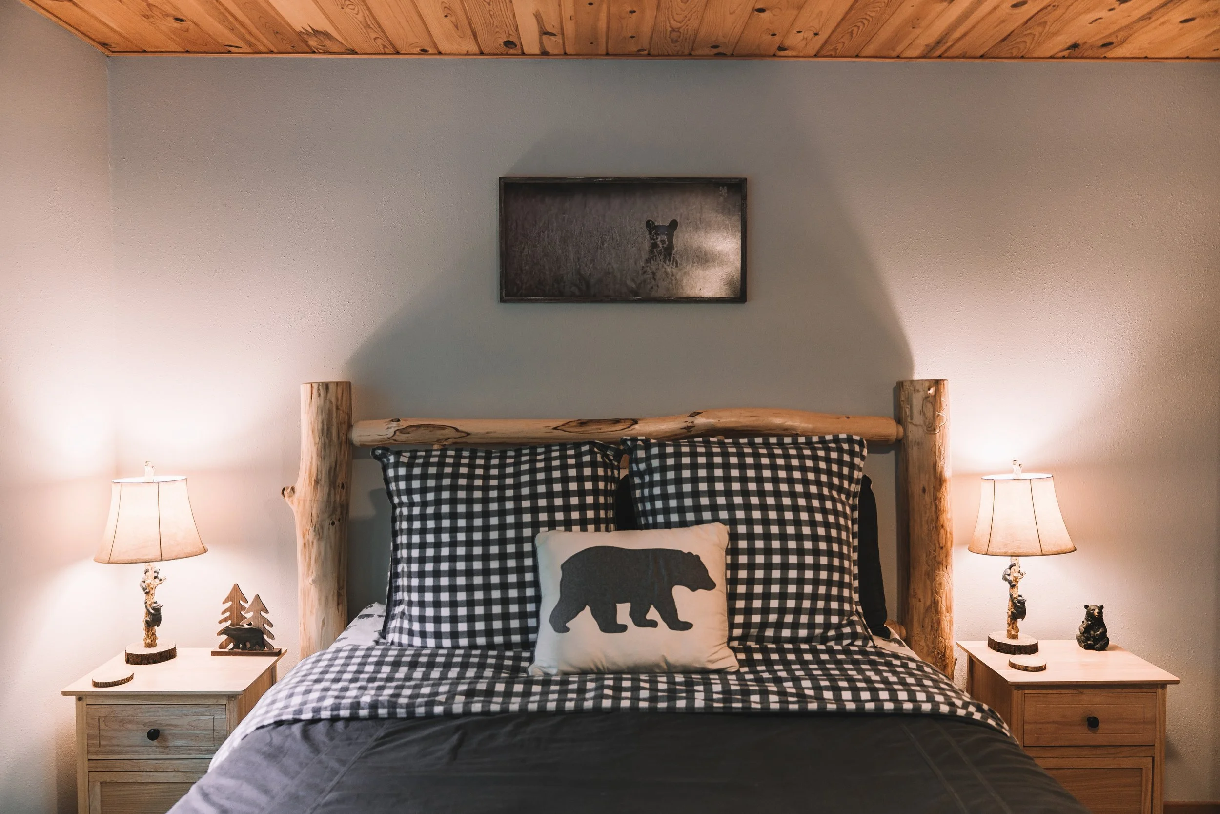 A cozy bedroom with a rustic wooden headboard, checkered black and white bedding, nightstands with lamps, and framed animal artwork above the bed.