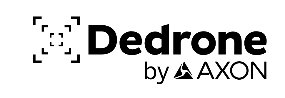 Logo for Dedrone by Axon with black text and a dotted square outline.