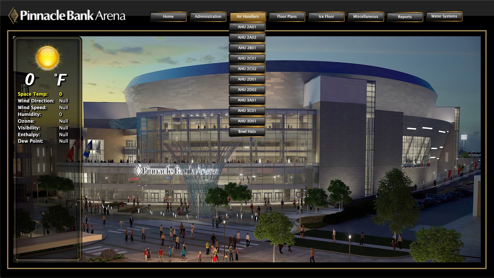Building Automation: Front-end graphics for the HVAC system at Pinnacle Bank Arena (Honeywell/Niagara J2 Fin software)