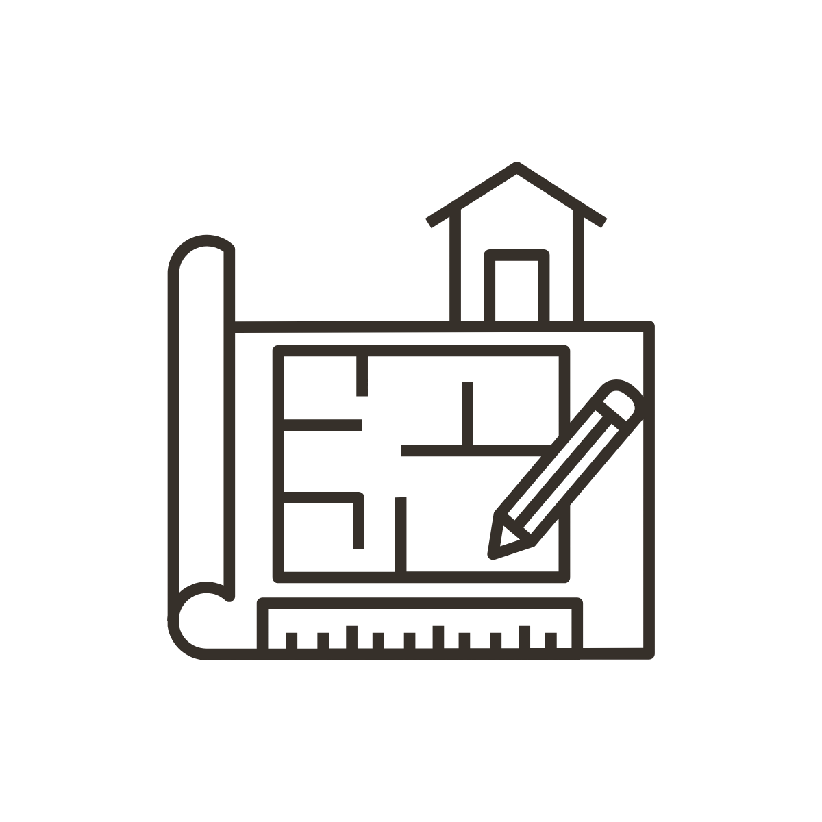 Line drawing of a house design blueprint, including architectural plans, a ruler, and a pencil.