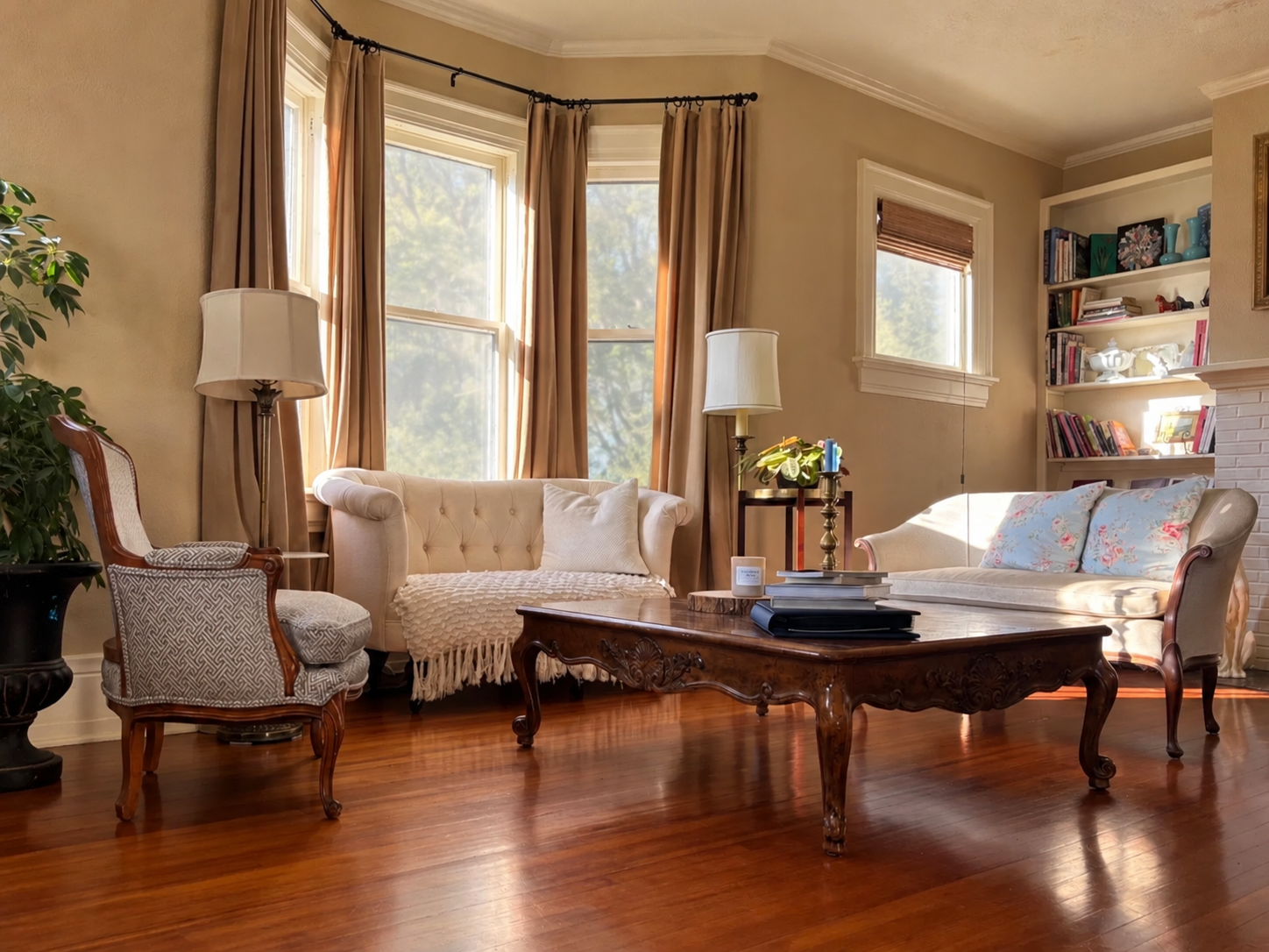 Traditional living room designed by Summer Glen Design featuring antique wood furnishings, a cream tufted loveseat, patterned accent chairs, warm hardwood floors, and neutral drapery.