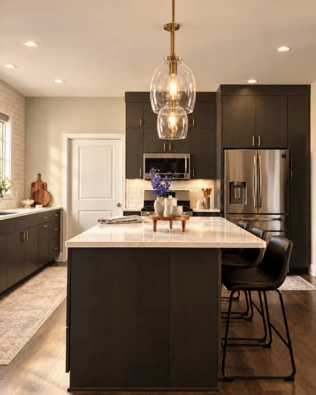 Kitchen with black cabinetry and island, white stone countertops, glass pendant lights, and counter stools.