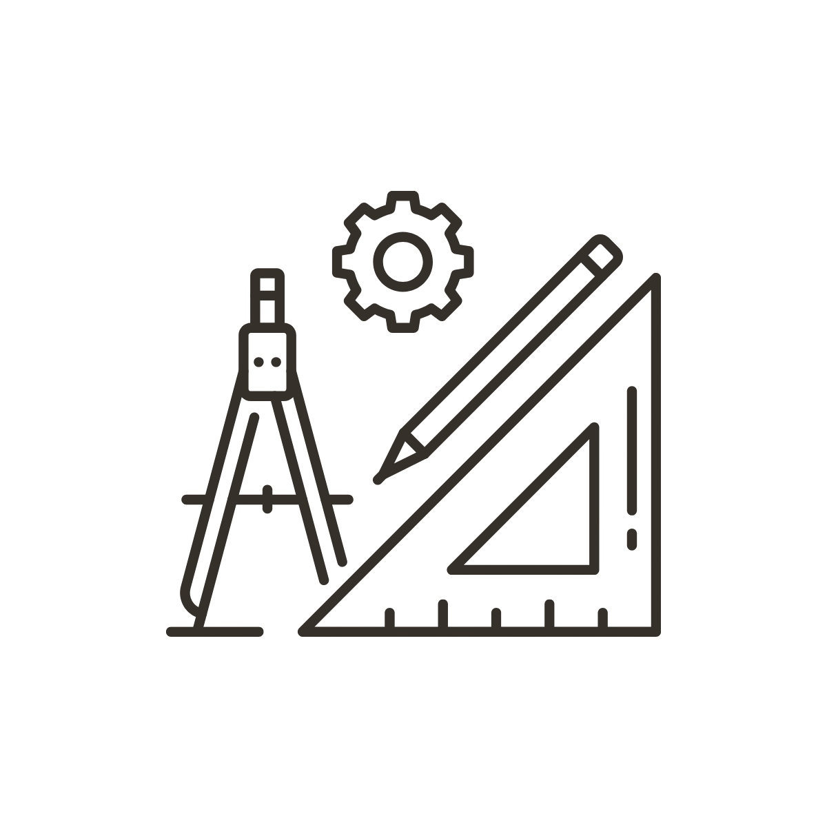 Line drawing of drafting tools, including compass, pencil, ruler, and gear, on a black background.