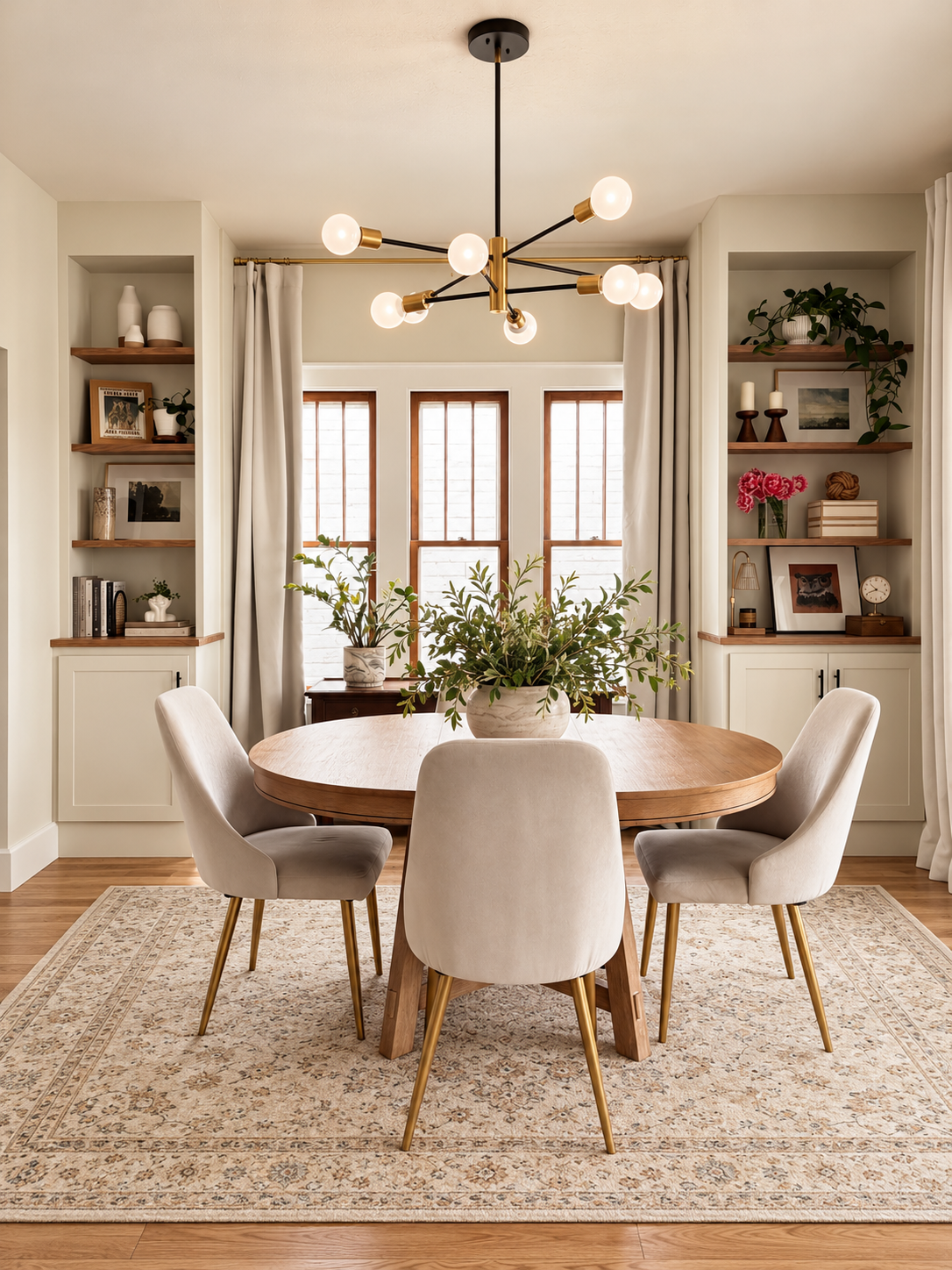 Warm dining room with white built-in cabinetry, a round wood table, upholstered chairs, and a modern branching chandelier.
