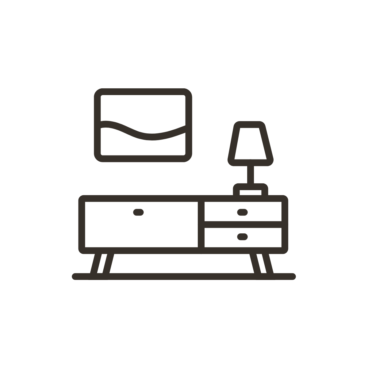 Line drawing of a living room with a cabinet, table lamp, and picture frame.