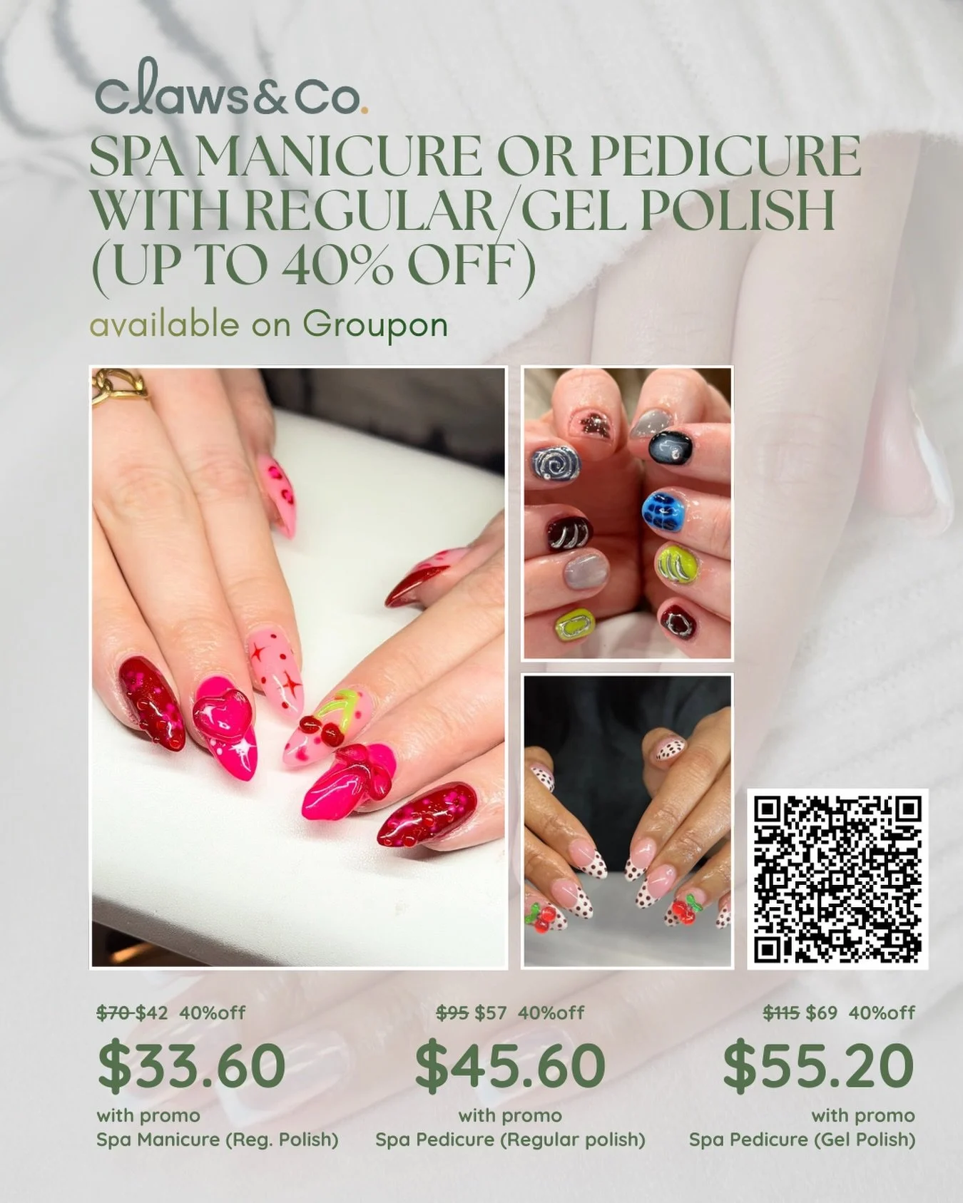 Polished. Pampered. Priced right.

Spa Manicure or Pedicure with Regular or Gel Polish &mdash; now up to 40% off on Groupon.

Because self-care shouldn&rsquo;t feel like a splurge.

Starting at $33.60
Limited promo pricing available now.

Tap the lin