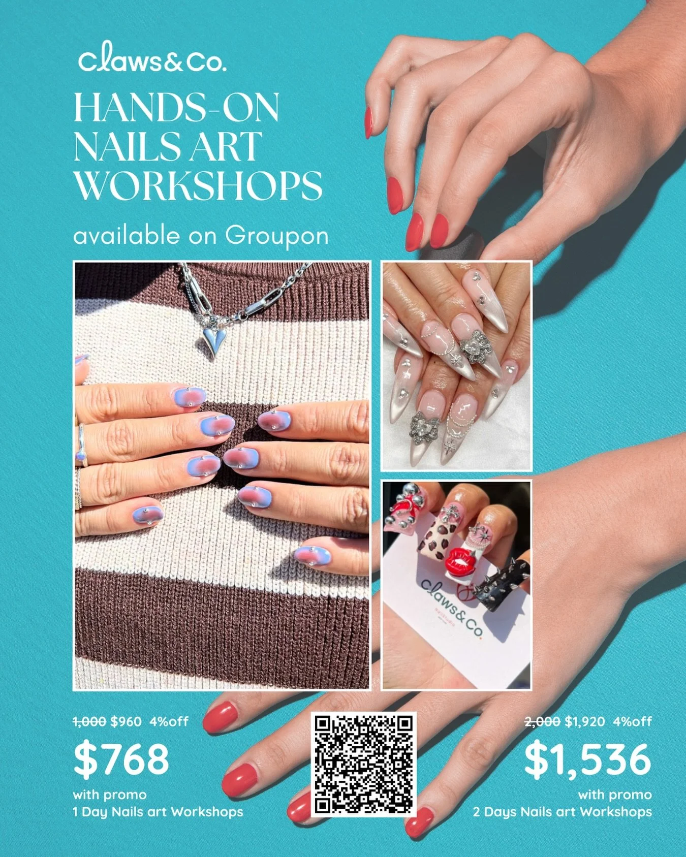 Turn your obsession into a skill.

Claws&amp;Co Hands-On Nail Art Workshops &mdash; now available on Groupon.

Learn real technique.
Build confidence.
Create art you&rsquo;d actually wear.

1-Day Workshop &mdash; $768
2-Day Intensive &mdash; $1,536

