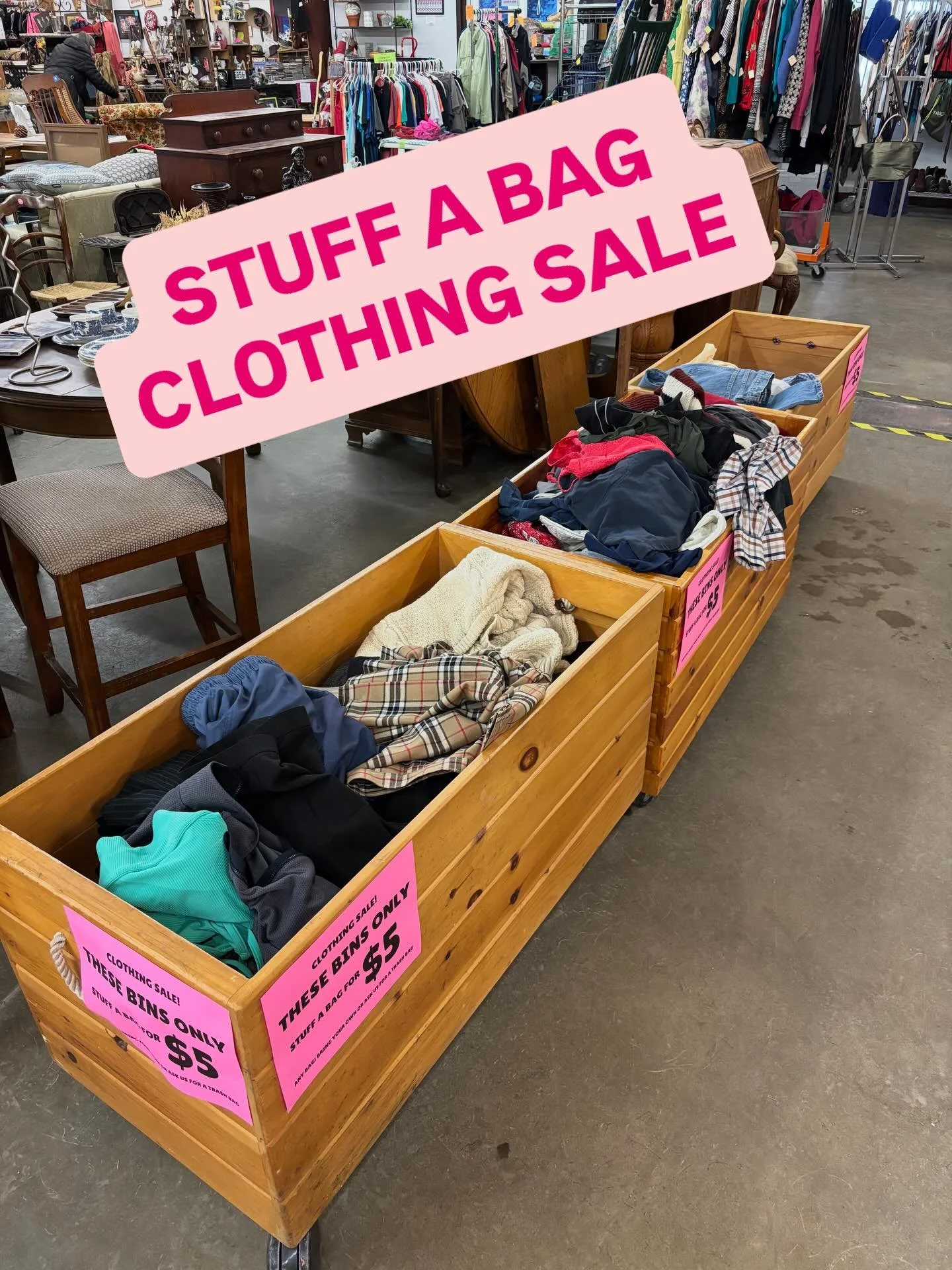 Clothing sale &hellip; Stuff a bag, any bag!!! Large or small. Bring your own or we&rsquo;ll give you a trash bag. Currently at just $5 per bag. Select bins only. Come on down!!!