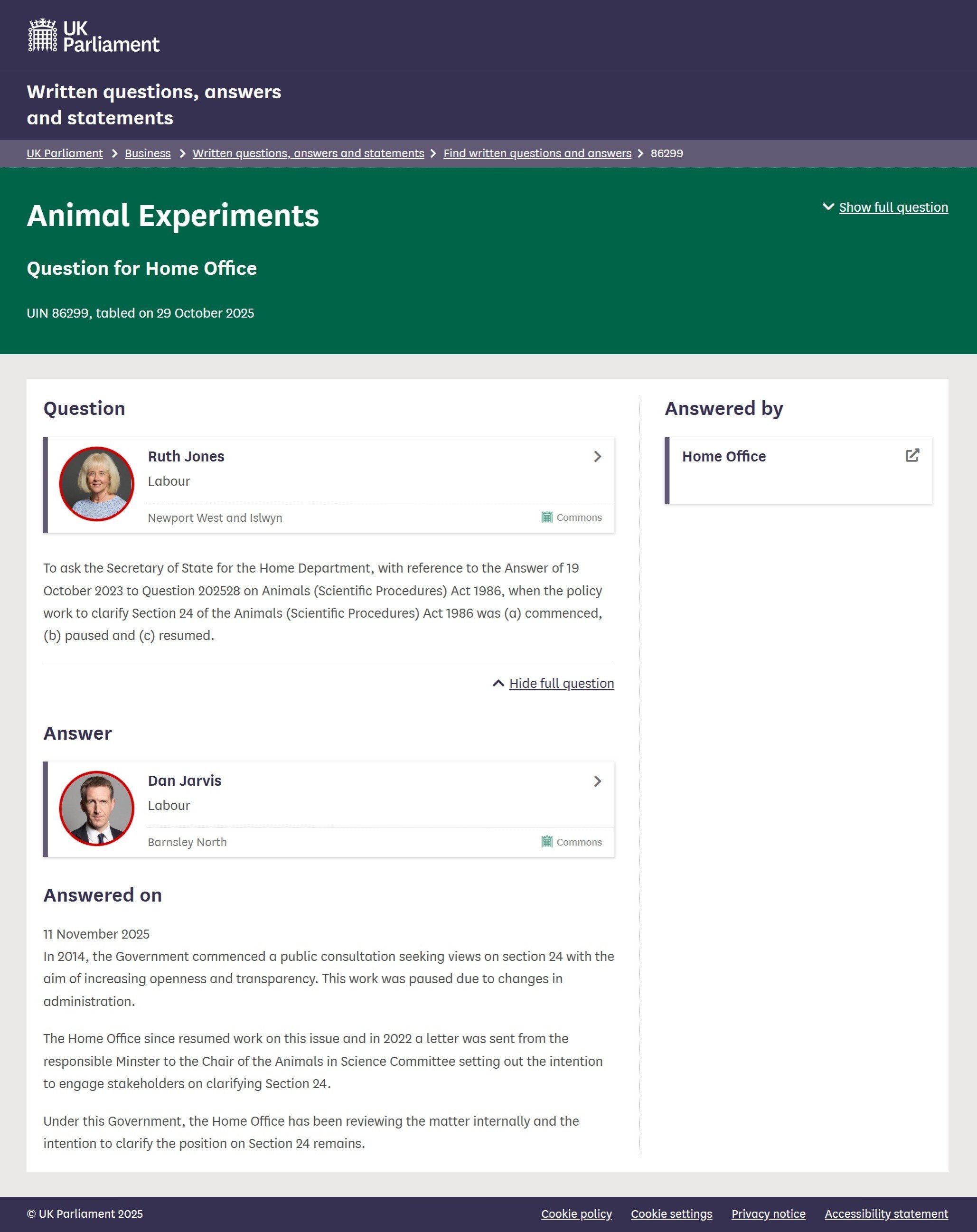 Parliamentary Written Question - TABLED