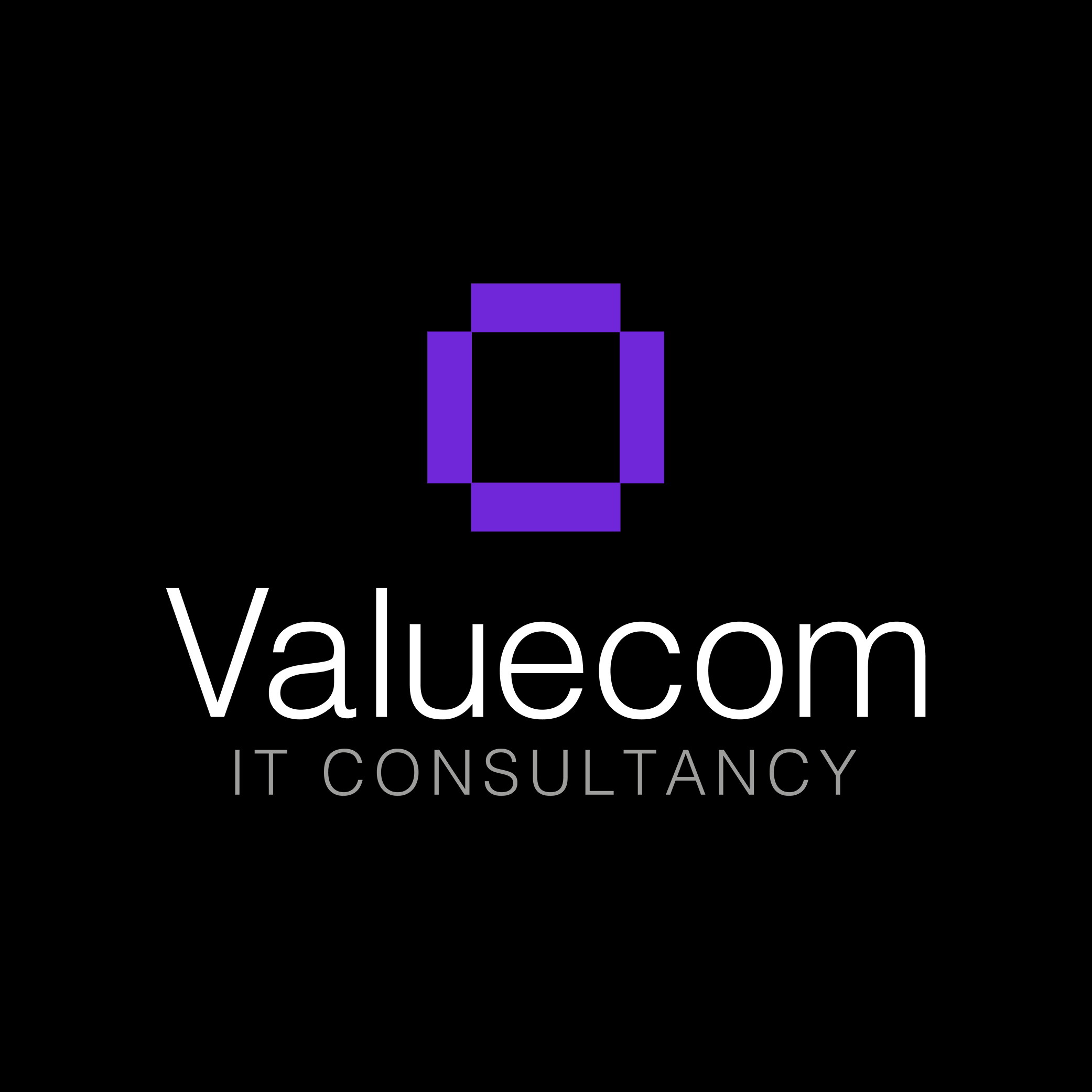 Logo for Valuecom IT Consultancy featuring a purple pixelated icon above the company name in white text and tagline in gray text on a black background.