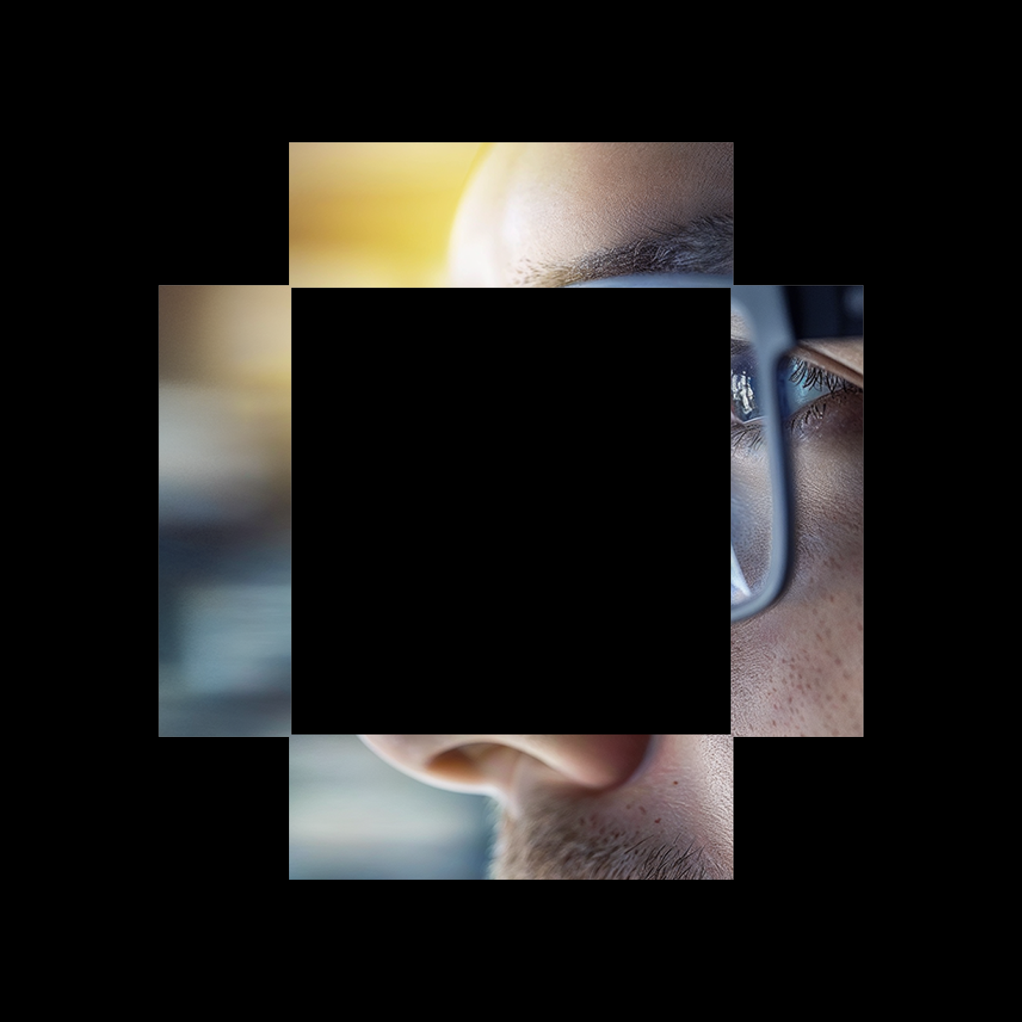 Geometric drawing of an outline square with sections divided by vertical, horizontal, and circle lines.