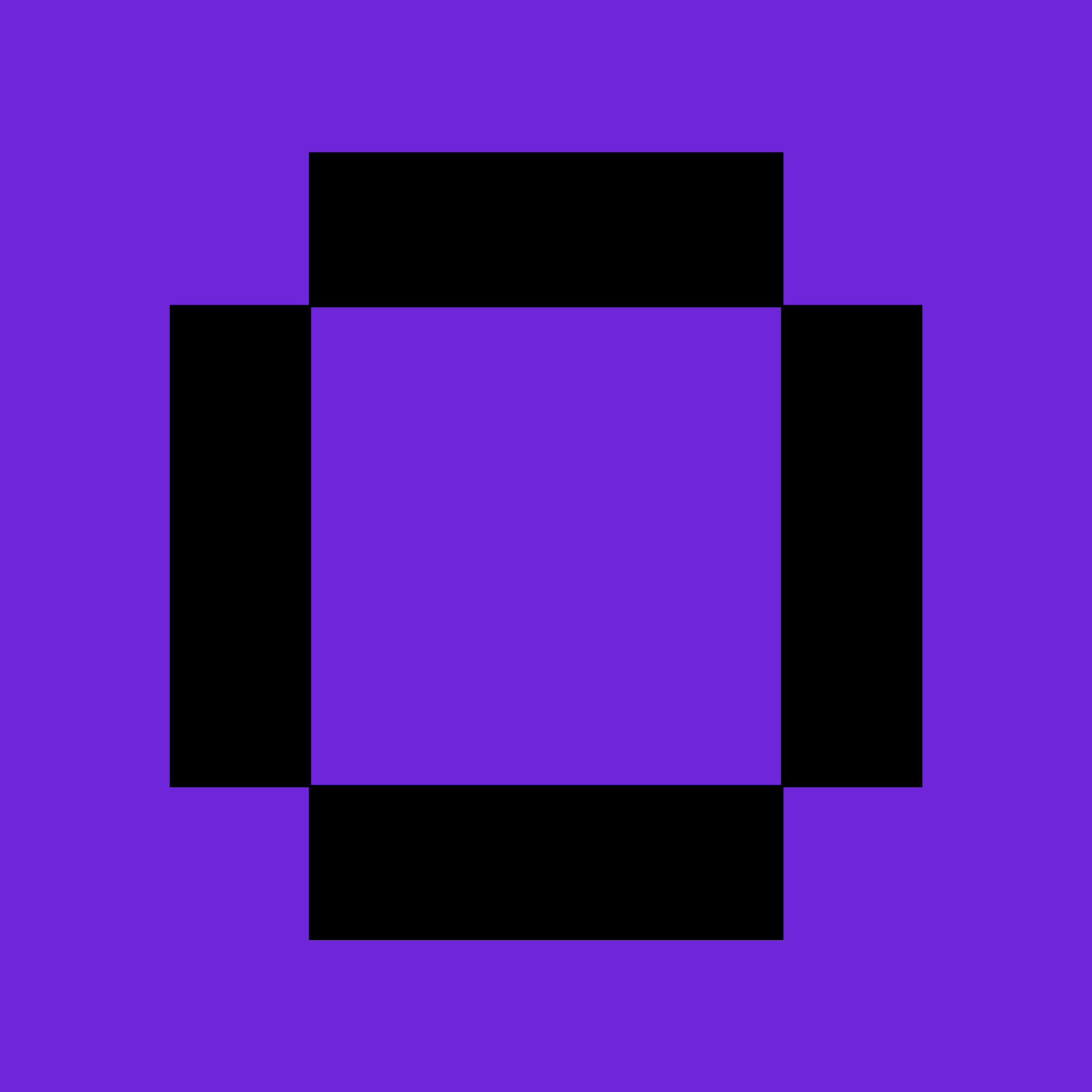A geometric abstract art piece with a purple background and black and purple rectangles arranged in a symmetric pattern.