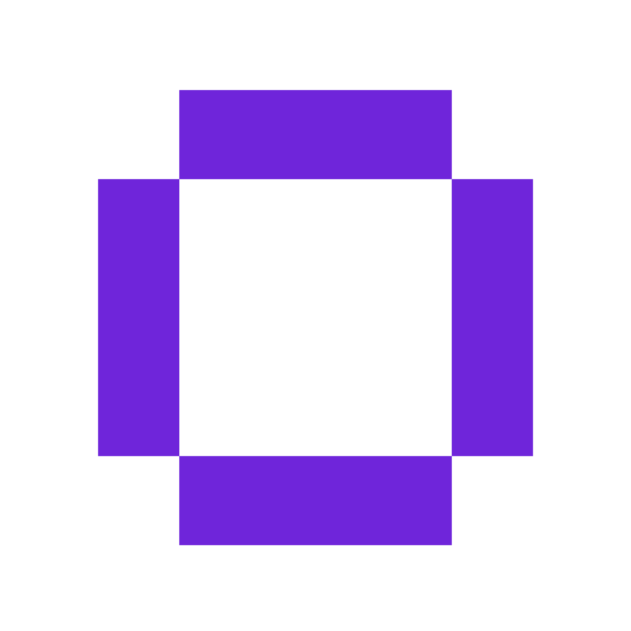 A digital abstract design with a central white square surrounded by a purple cross-shaped border on a white background.
