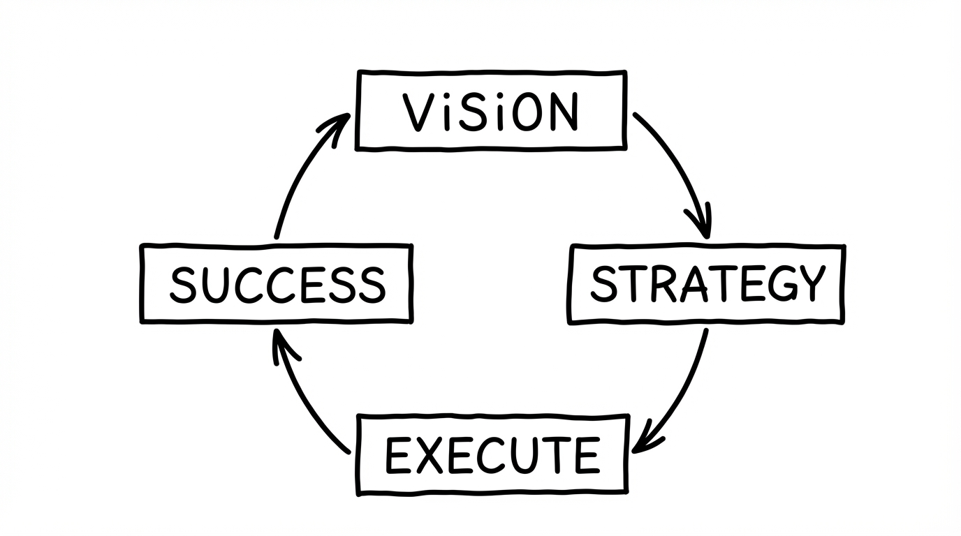 Hand-drawn diagram showing a cycle with five steps: Vision, Strategy, Execute, Success, and back to Vision, connected by arrows.