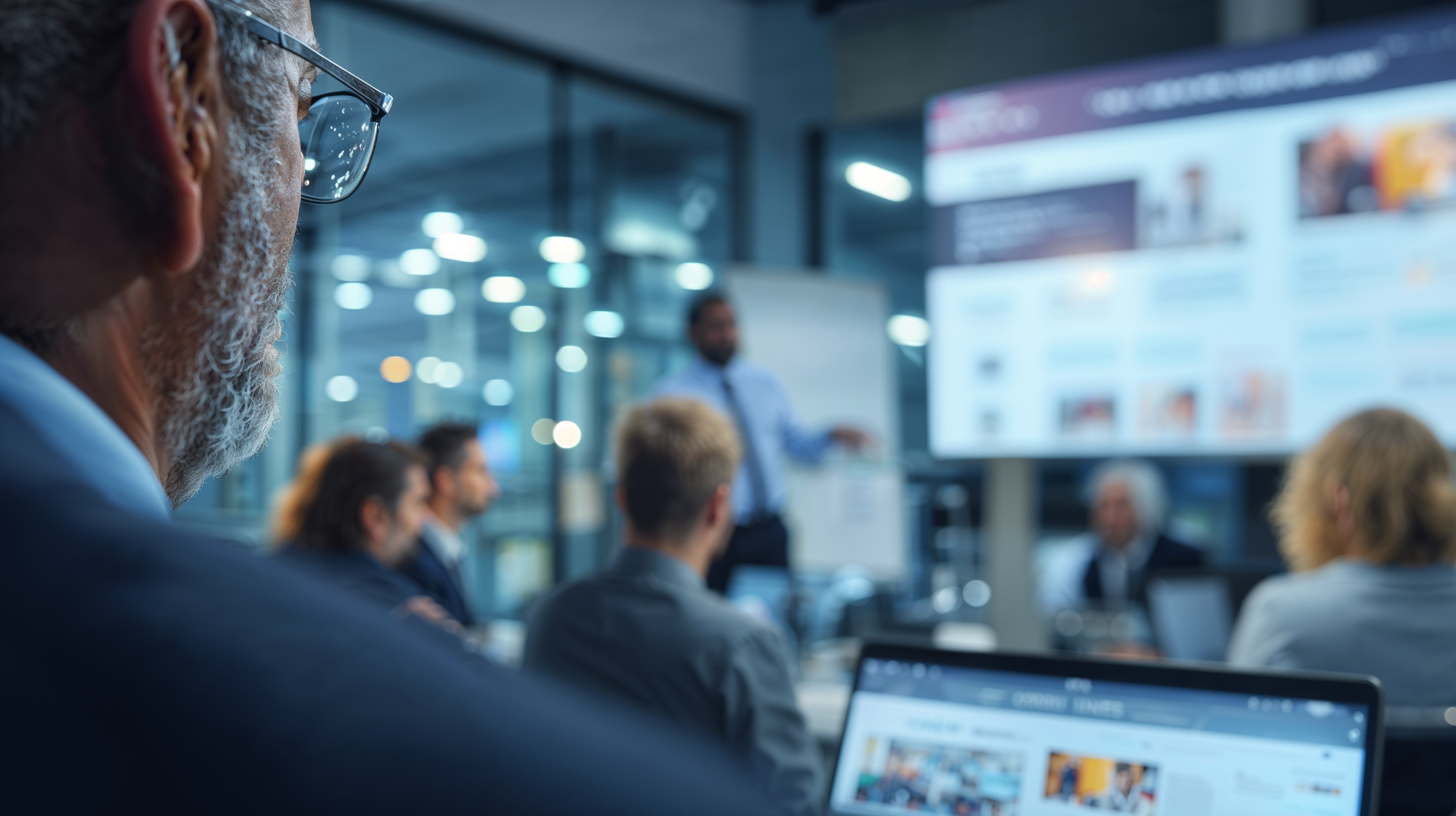 A group of people attending a presentation or meeting in a modern conference room, with one person at the front gesturing towards a large screen displaying a webpage or presentation slides. The attendees are sitting at tables, some taking notes or using laptops.