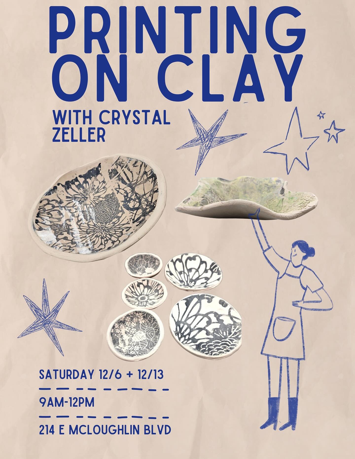 Printing on Clay! 💟
Workshop w/ Crystal Zeller
At Kadence Collective
12/6 and 12/13
9- noon
$ 75 - includes all supplies and materials!
* Lear n how to create your own screen print image you can transfer onto clay! Experiment with the gelli-roll pri