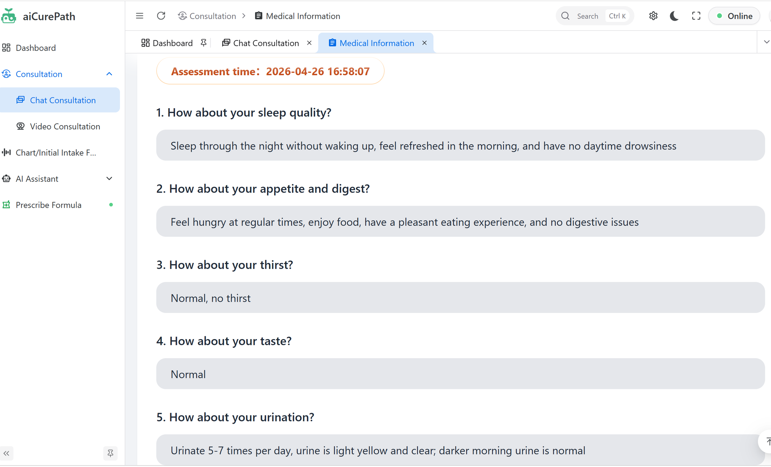 A screenshot of a medical information page on a health app or website, featuring questions and answers about sleep, appetite, thirst, taste, and urination, with a timestamp at the top.