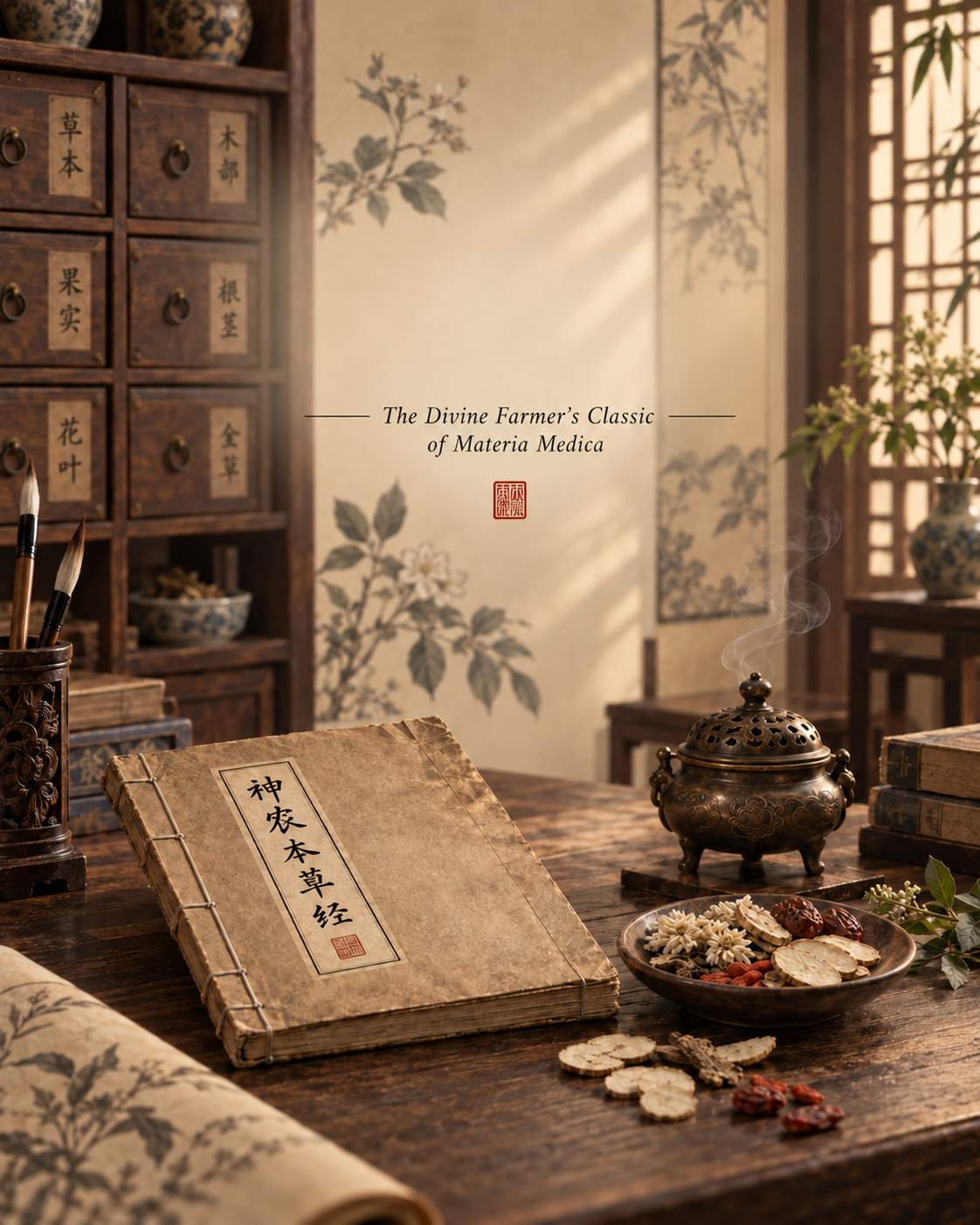 An ancient Chinese medicinal study room with traditional wooden shelves, a scroll with Chinese calligraphy, a bowl of dried herbs, a bronze incense burner, and sunlight streaming through lattice windows, creating a warm ambiance.