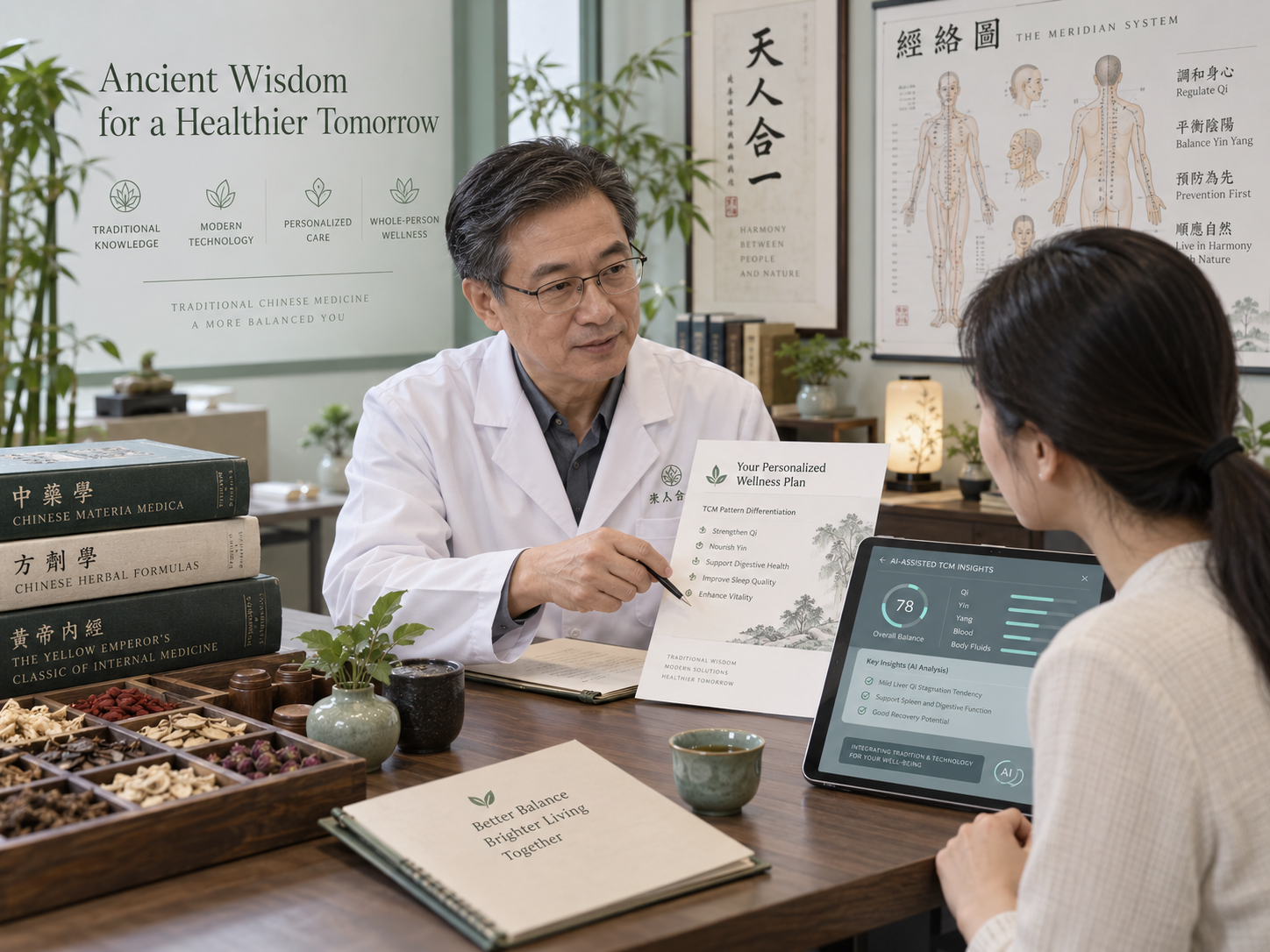 A doctor and a patient in a consultation room. The doctor holds a wellness plan sheet and points to it while discussing. The patient has a tablet showing health insights. The room has books, posters of Chinese medicine, and traditional herbs on the table.