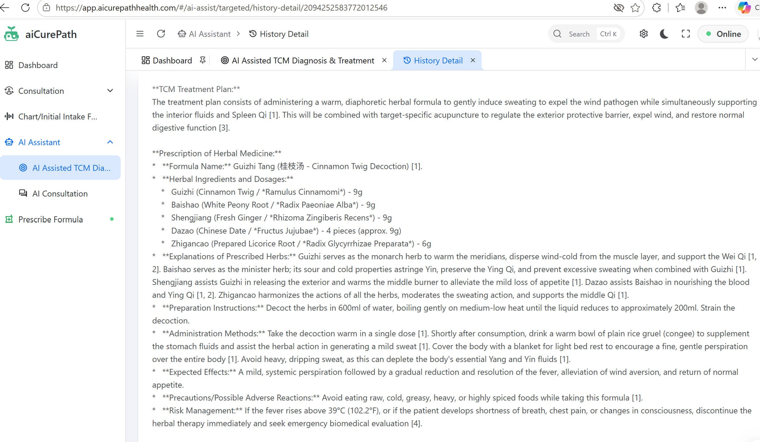 Screenshot of a webpage from aiCurePath detailing herbal medicine formulations and treatment plans, including ingredients, preparation instructions, and expected effects.