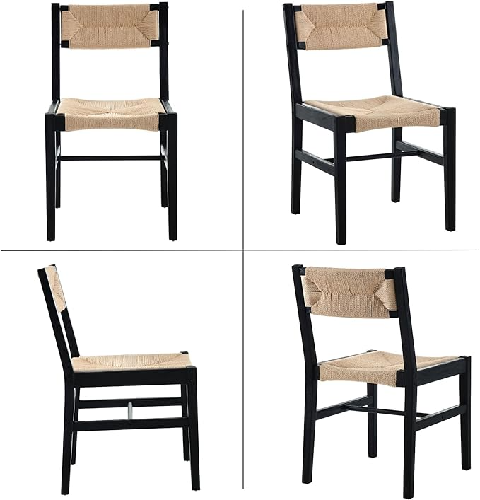 Four views of a black wooden chair with beige woven fabric on the seat and backrest, shown from front, side, and back angles.
