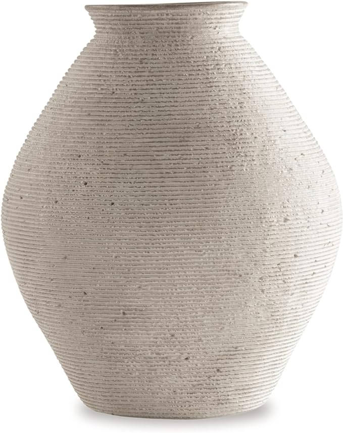 A large, textured, beige ceramic vase with a rounded body and a narrower opening at the top.