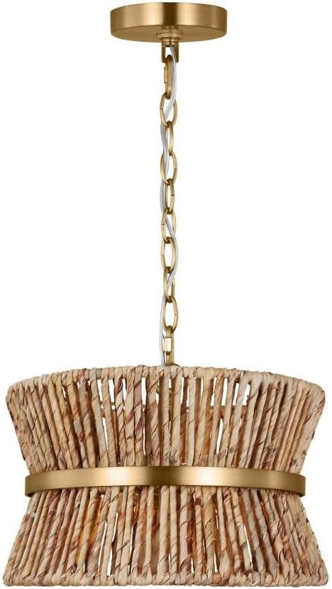 Wicker pendant light fixture with a gold chain and ceiling mount.