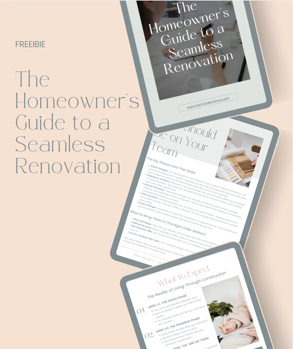 Promotional graphic for an e-book titled "The Homeowner's Guide to a Seamless Renovation" with images of tablets displaying the guide, a person designing on a computer, and materials for home renovation, against a soft pink background.