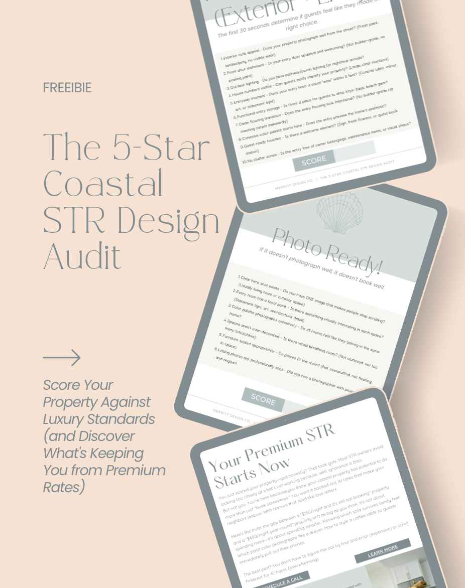 Promotional flyer for the 5-Star Coastal STR Design Audit with images of a property assessment, interior, and exterior features, and a call-to-action for scoring property standards.