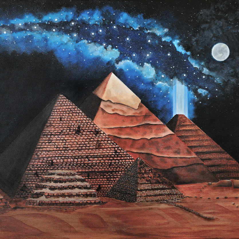 A nighttime desert scene of the Egyptian pyramids featuring a starry sky, the moon, and a bright beam of light.