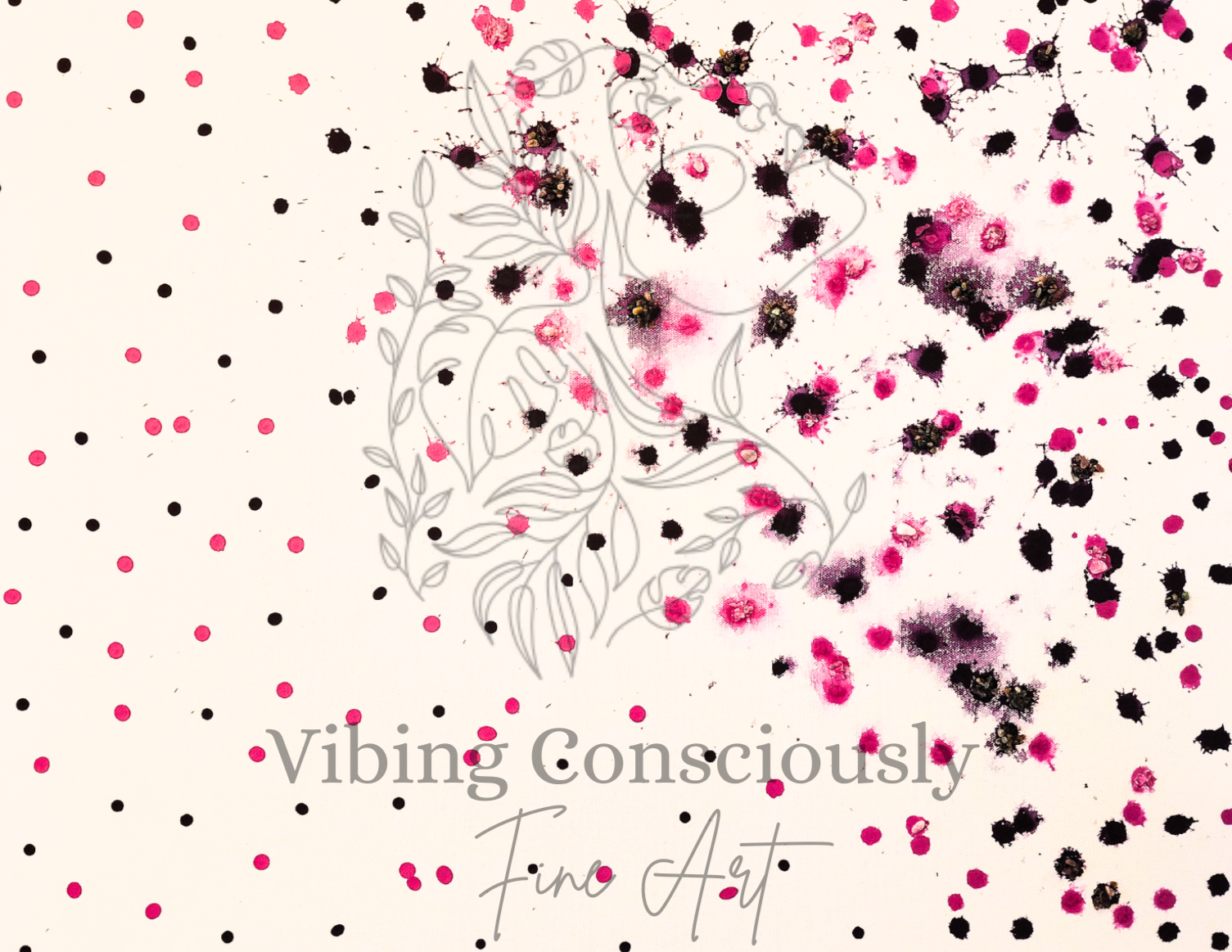 A colorful abstract artwork with purple and pink paint splatters of watercolor, with crystals glued on the canvas.