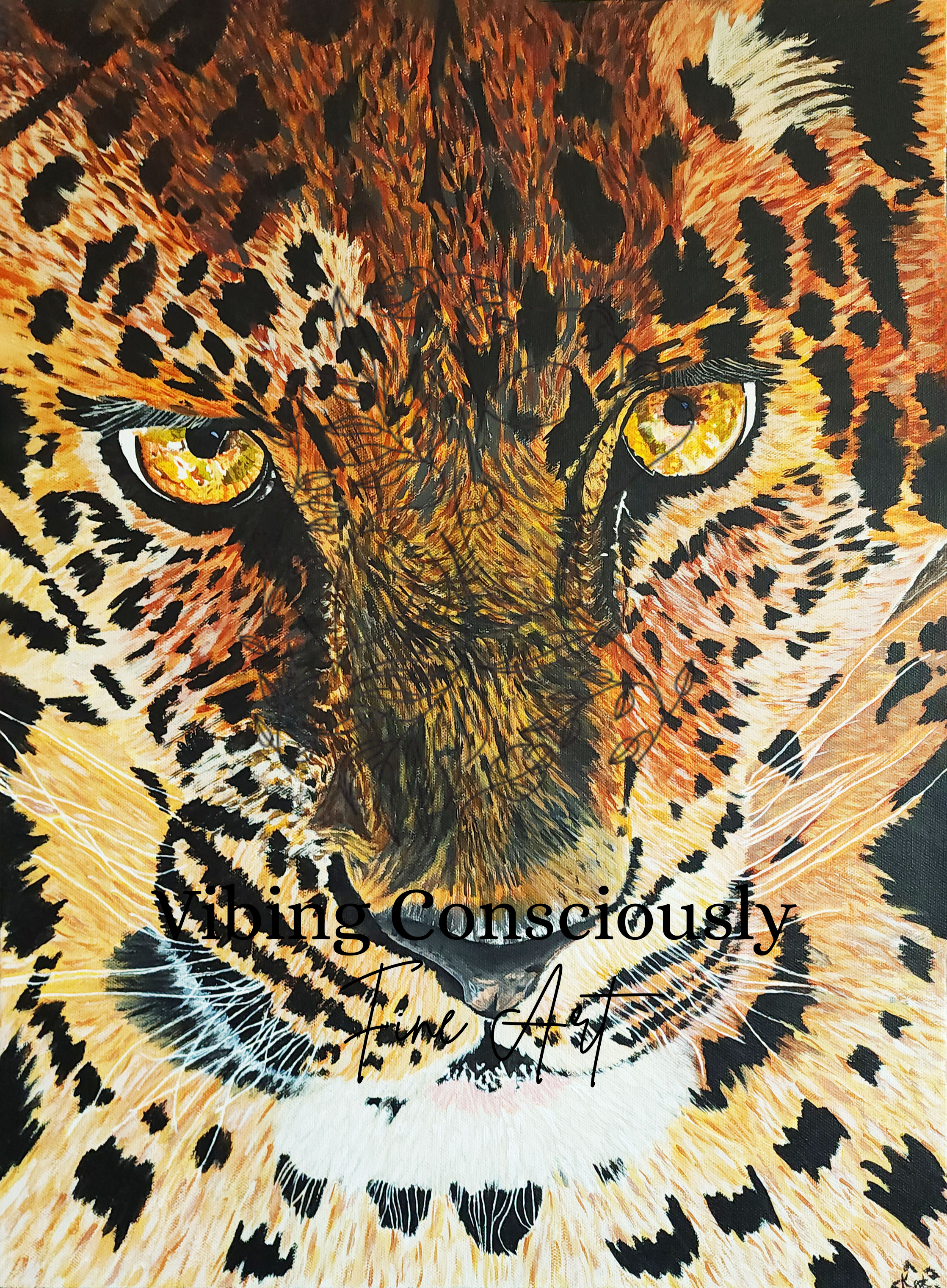 A detailed painting of a jaguar's face with yellow eyes and black spots.