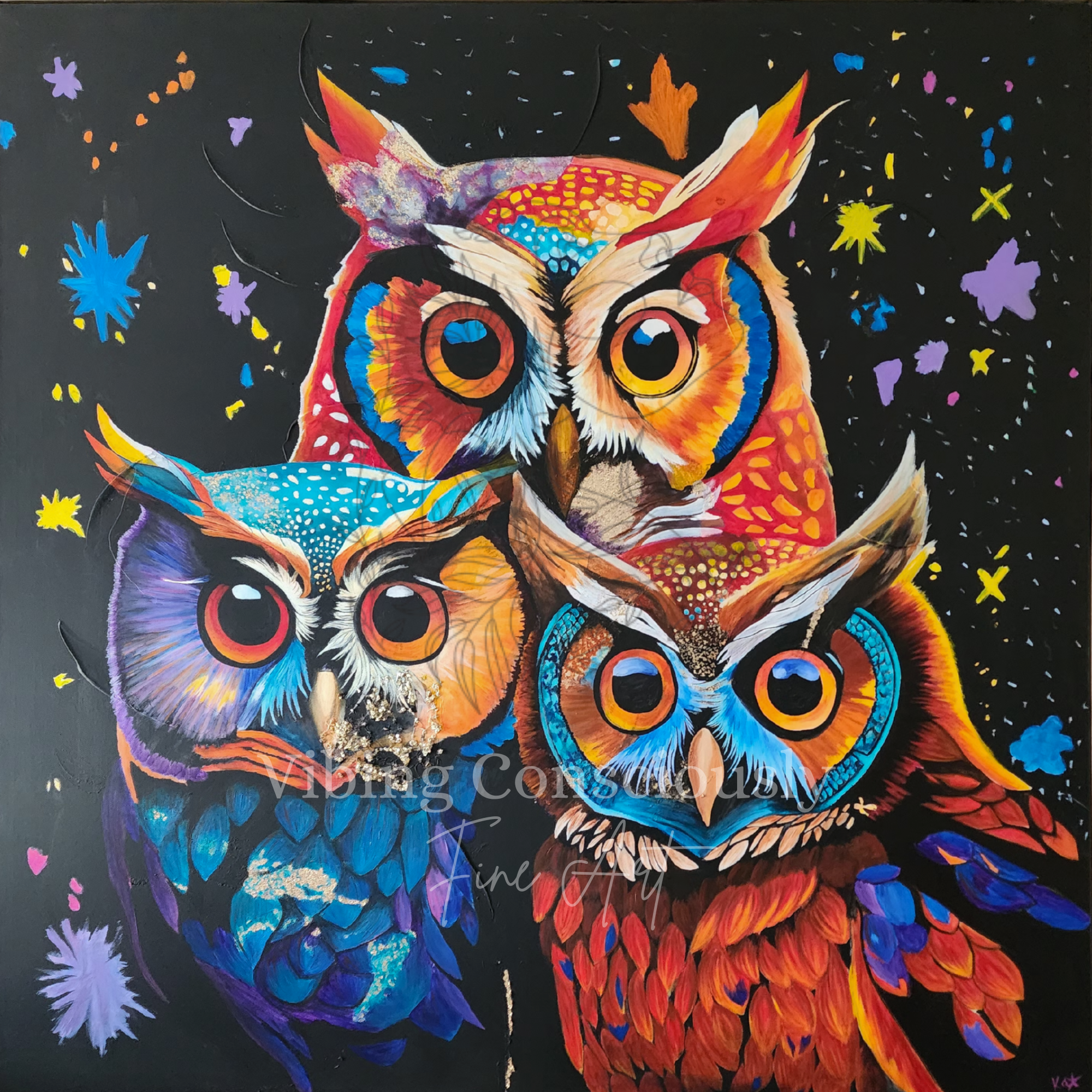 Colorful painting of three owls with large eyes on a black background, surrounded by multicolored stars and splashes.