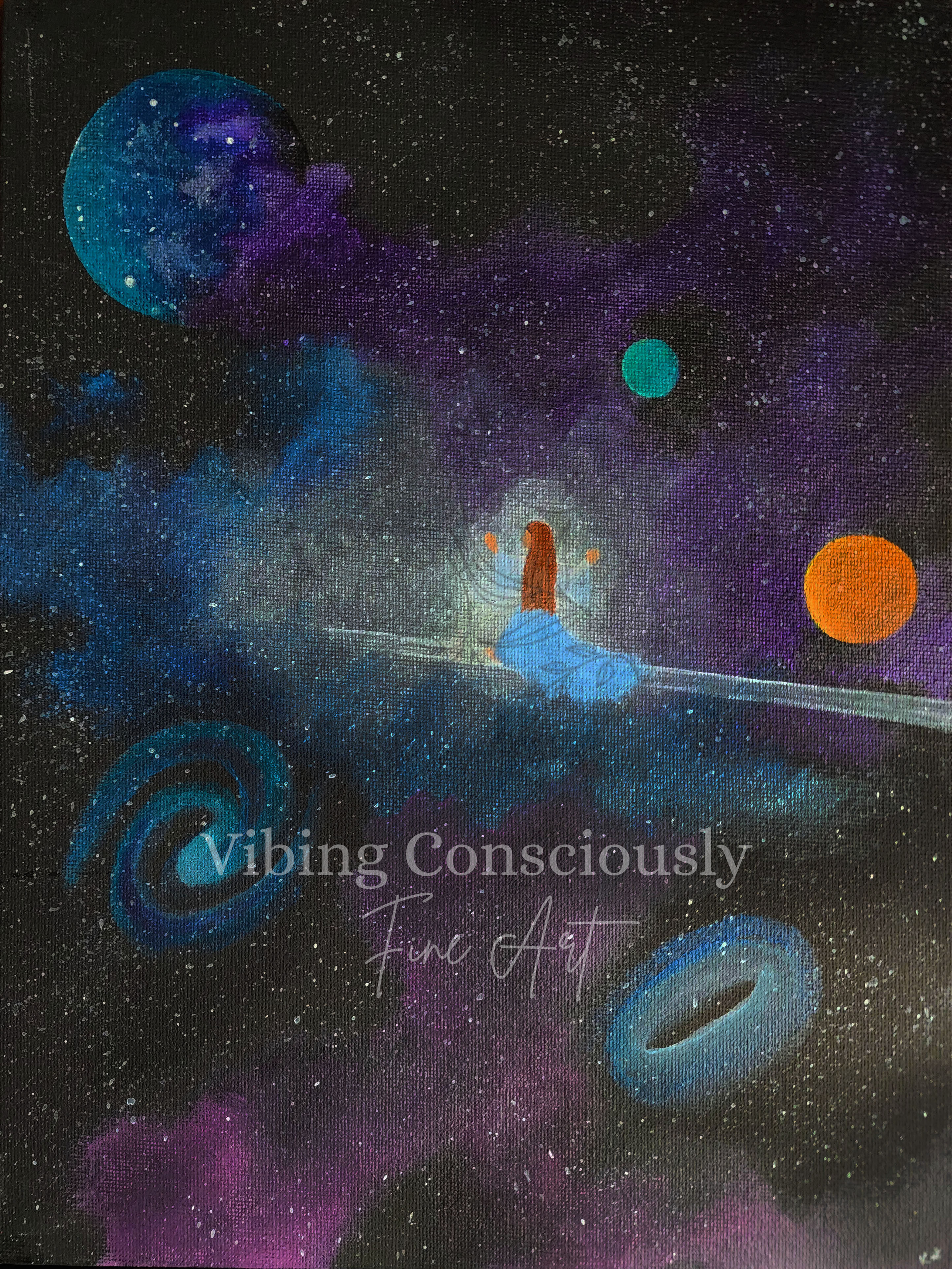 Painting of a woman in a flowing dress standing on a cosmic surface surrounded by colorful planets, stars, and galaxies.