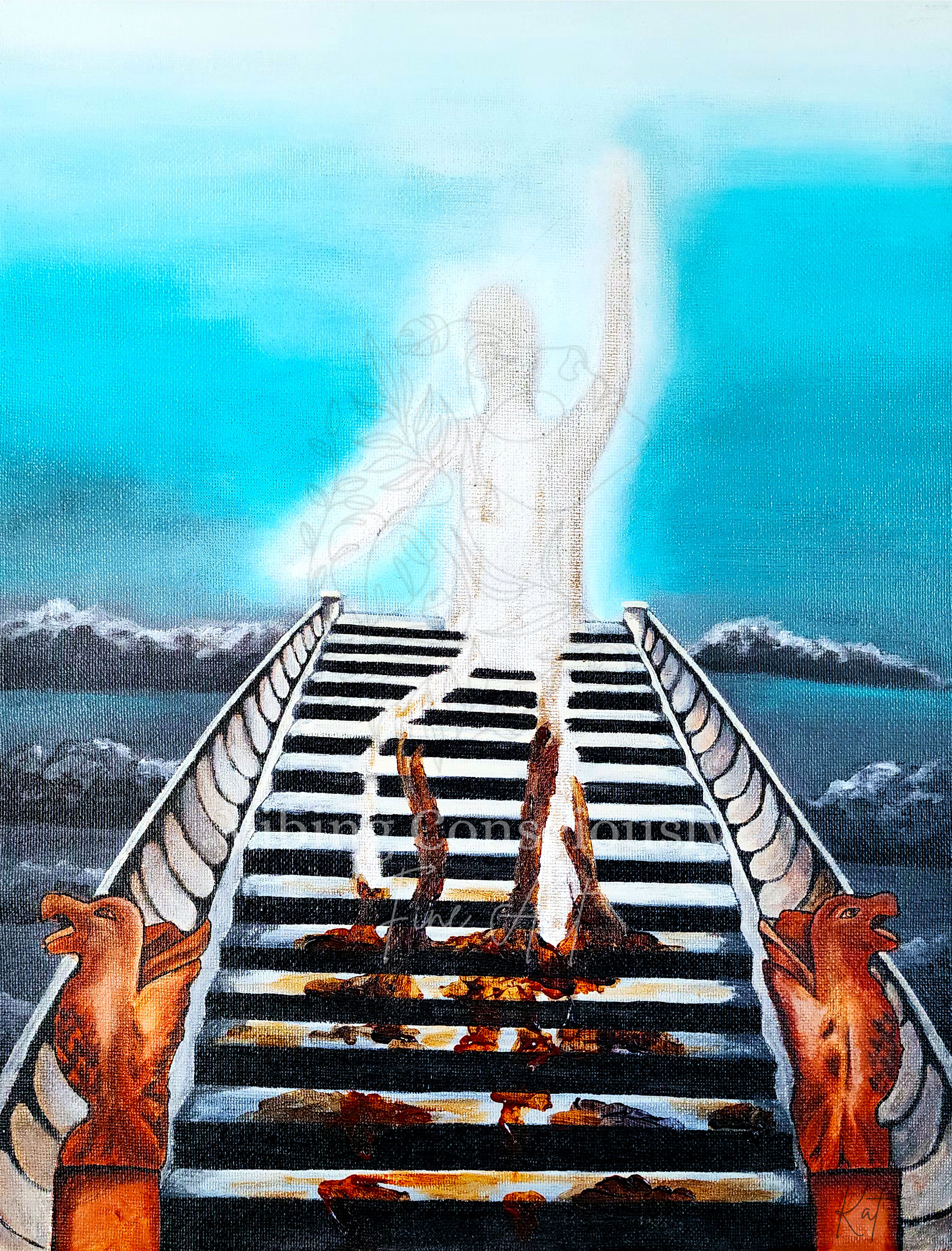 An artistic depiction of a staircase leading to a glowing figure of a man, with the sky in the background, and two gargoyle head statues on either side of the stairs.