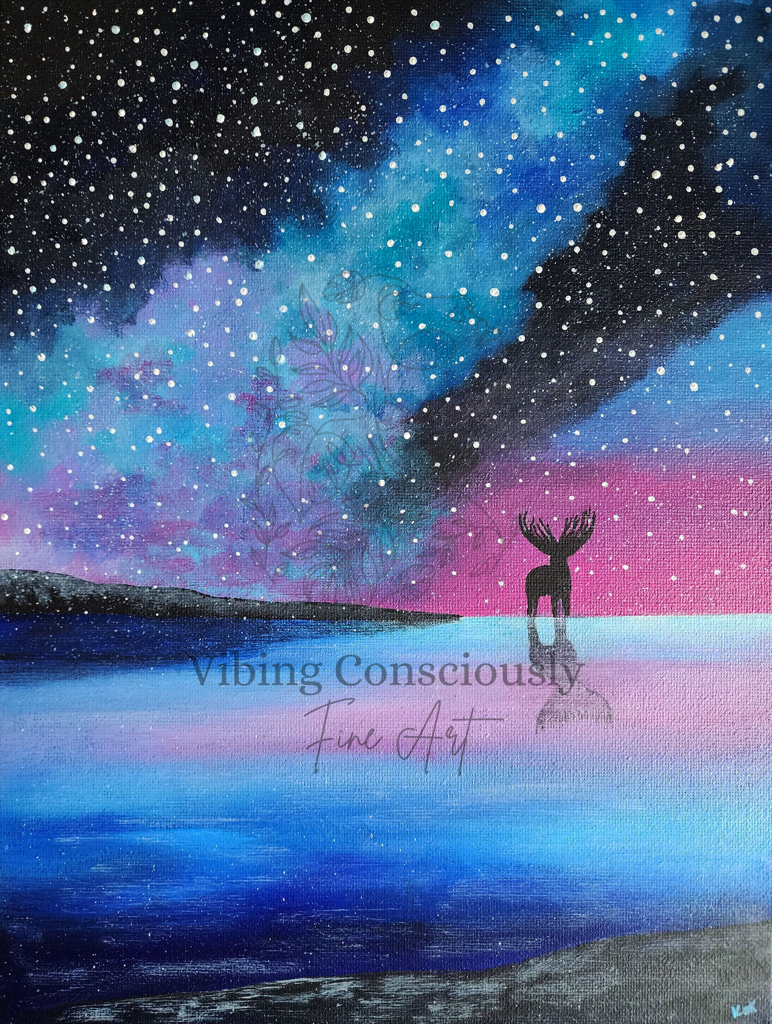 A painting of a night sky with stars and colorful nebulae over a body of water, featuring a silhouette of a deer near the water's edge.